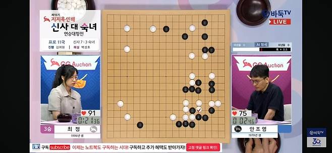 중반 들어 우변에서 전투가 시작될 때만 해도 인공지능의 승부 예상치는 5:5였다.(사진 바둑TV 화면 캡처)