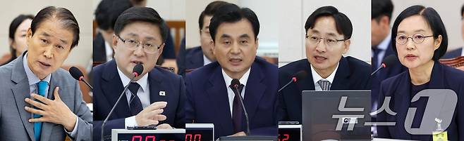 권오을 국가보훈부(왼쪽부터), 김성환 환경부, 안규백 국방부, 임광현 국세청장, 한성숙 중소벤처기업부 장관 후보자가 15일 서울 여의도 국회에서 열린 인사청문회에서 의원 질의에 답하고 있다. 2025.7.15/뉴스1 ⓒ News1 이광호 기자,유승관 기자,안은나 기자,김민지 기자
