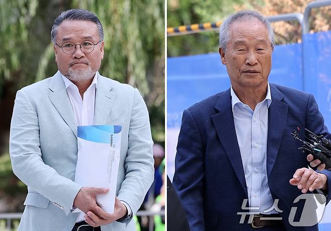 이일준 삼부토건 회장(사진 왼쪽)과 조성옥 전 삼부토건 회장이 10일 오전 서울 종로구 윤석열 전 대통령의 부인 김건희 여사 관련 의혹을 수사하는 민중기 특별검사팀 사무실에 조사를 받기 위해 출석하고 있다. 2025.7.10/뉴스1 ⓒ News1 박지혜 기자