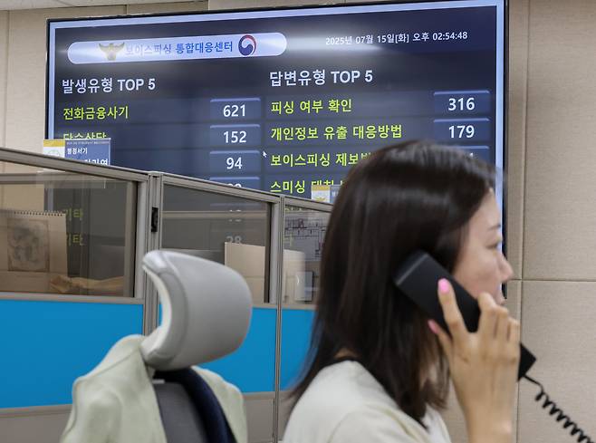 지난 15일 서울 종로구 경찰청 인권보호센터에 마련된 보이스피싱 통합대응센터에서 한 직원이 문의 전화를 받고 있다. 수사 인력 부족으로 보이스피싱을 포함한 사기 범죄 검거율은 지난해 60.3%로 2019년에 비해 13.6%p 줄었다./박성원 기자