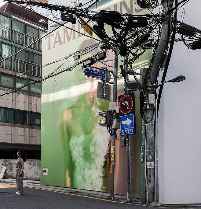 블랙핑크 제니 광고판 옆 전봇대에는 통신 케이블과 전력선, 교통 표지판과 태양광 패널, CCTV 장비 등이 층층이 얹혀 복잡한 도시의 단면을 드러낸다. / 고운호 기자