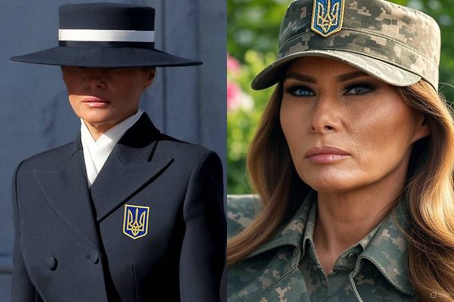 멜라니아가 우크라이나 국장인 삼지창 문양을 가슴에 단 밈(왼쪽)과 군복을 입은 밈. /X(옛 트위터)
