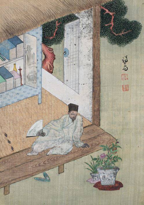겸재 정선의 그림 ‘독서여가’(1741년). 방 안의 책장엔 조선 중기 이후 민간의 실내장식에도 확산한 청능화지가 입혀진 것으로 보인다. 간송미술문화재단  제공