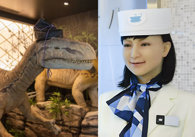 아르헨티나 관광객이 일본 도쿄의 헨나호텔에서 로봇 직원들과 마주한 체크인 장면을 영상으로 공개했다. 해당 호텔은 프런트부터 체크아웃까지 전 과정을 로봇이 담당하는 무인 시스템으로 운영된다. (사진=헨나호텔 홈페이지)