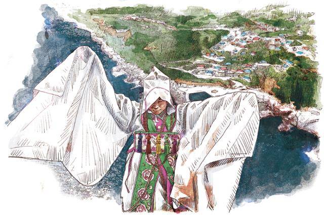 흰색 무복을 입은 이분순이 제를 올리고 있다. 이분순 뒤로 동해바다를 끼고 있는 '따개비마을'이 보인다. 일러스트=신동준 기자