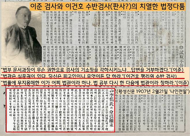 현직 검사였던 이준은 법정에서 평리원 수반검사 이건호와 치열한 논쟁을 벌였다. 이준은 “문서과장(이종협)이 무슨 권한으로 검사의 기소장을 각하시키느냐”면서 “검사는 법 공부 좀 더 한 다음에 법관이라 칭하라”고 다그쳤다.