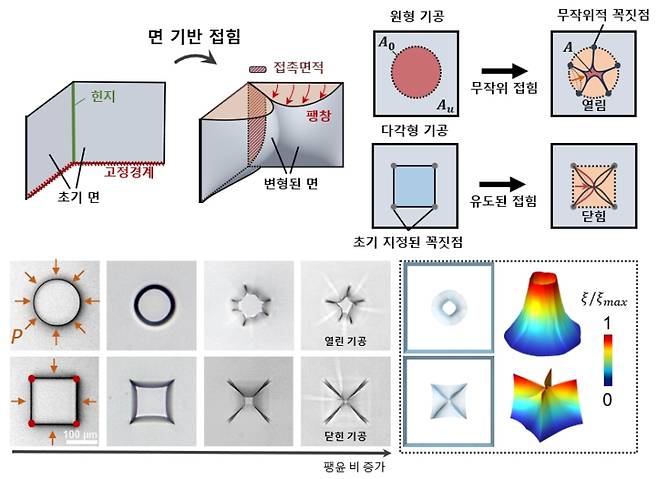 하이드로젤 미세 기공의 변형 메커니즘 모식도 및 실험·시뮬레이션 결과. 새롭게 제시된 면 기반 접힘 메커니즘을 활용해 미세 기공의 정밀한 제어가 가능해졌다. 원형 기공은 수축력을 받을 경우 대칭성에 의해 무작위적인 접힘이 발생하지만, 면과 힌지를 사전에 지정하면 접힘을 유도해 미세 기공의 계폐를 정밀하게 제어할 수 있다. 이 원리는 실험 및 시뮬레이션을 통해 규명됐다. 한국연구재단