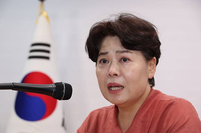 윤희숙 국민의힘 혁신위원장이 지난 13일 서울 여의도 당사에서 기자간담회를 하고 있다. 연합뉴스