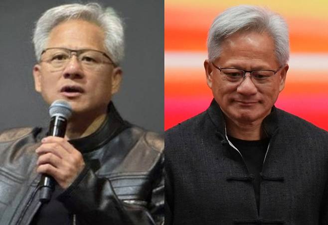 폭염에도 가죽재킷(왼쪽)을 고집하는 젠슨 황 엔비디아 최고경영자(CEO)가 16일 중국 베이징에서 열린 제3회 중국국제공급망촉진박람회 개막식에서 중국 전통의상(오른쪽)을 입고 있다. [AP]