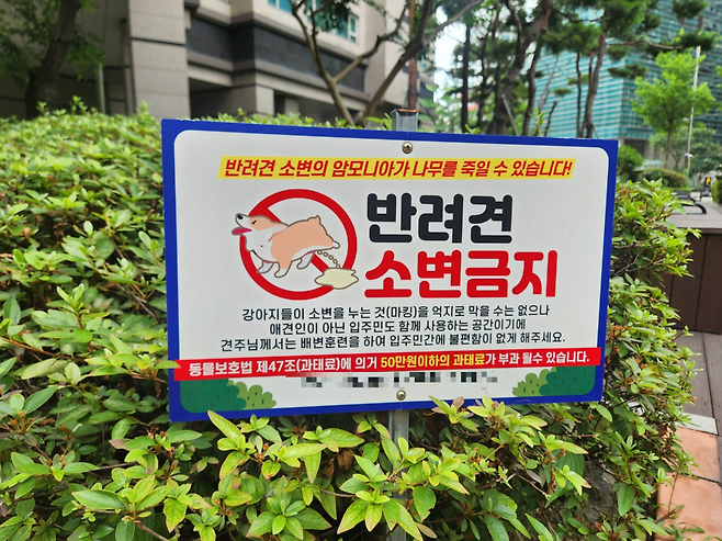 서울 한 아파트 화단에 ‘반려견 소변금지’ 안내문이 설치돼 있다.[독자 제공]