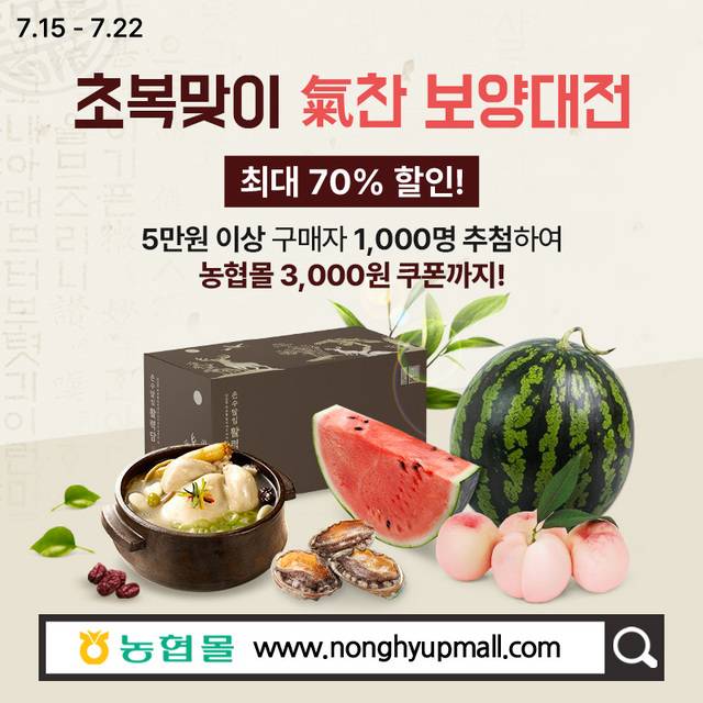 농협경제지주는 농협몰에서 여름철 기력 회복에 도움이 되는 먹거리 100여종을 최대 70% 할인판매한다. 농협경제지주