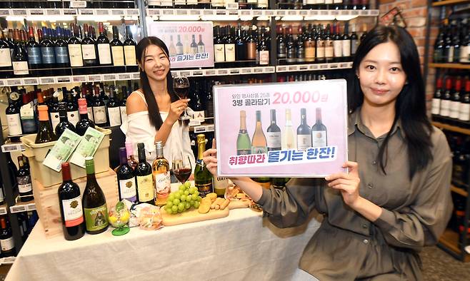 16일 서울 용산구 이마트 용산점에서 열린 '와인 3병에 2만원' 골라 담기 행사에서 모델들이 행사 상품과 와인을 소개하고 있다. 김경호 기자