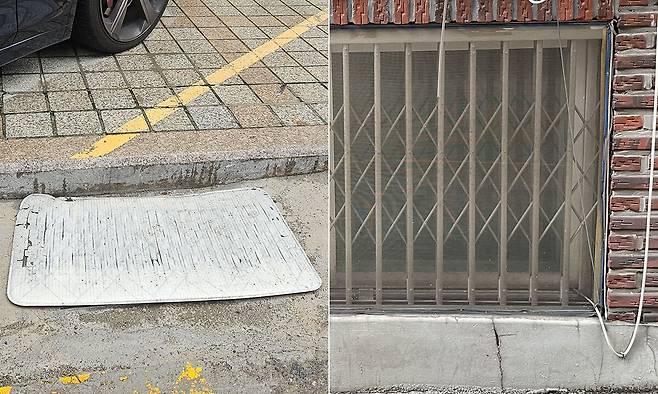 (왼쪽부터) 강남 상가 거리 빗물받이 덮은 매트, 신림동 반지하 주택 물막이판 미설치.