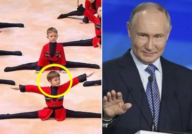 오른쪽은 블라디미르 푸틴 러시아 대통령, 왼쪽은 현지 텔레그램 채널이 푸틴 대통령의 첫째 아들 이반(10)이라고 주장한 남자아이의 모습. 텔레그램 채널(VChK-OGPU) 제공