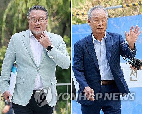김건희특검, 삼부토건 전·현직 회장 줄소환 (서울=연합뉴스) 신현우 기자 = 이일준 삼부토건 회장(왼쪽)과 조성옥 전 삼부토건 회장이 10일  김건희 여사 관련 의혹을 수사 중인 민중기 특별검사팀의 조사를 받기 위해 서울 종로구 KT광화문빌딩 웨스트에 마련된 특검 사무실에 출석하고 있다. 2025.7.10 nowwego@yna.co.kr