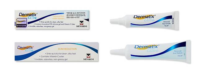 ◇더마틱스® 울트라 겔 정품(위)과 가품(아래) 전면 포장박스 및 튜브 비교 이미지. 가품은 로고 및 제품 정보 인쇄가 흐릿하고 불량한 마감 상태를 보이는 등 전반적으로 인쇄 상태의 품질이 떨어진다. 사진제공=한국메나리니