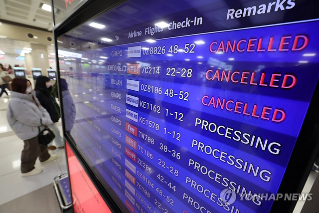 공항 결항 안내. 연합뉴스