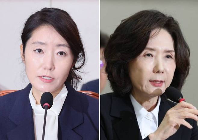 강선우 여성가족부 장관 후보자(왼쪽). 이진숙 교육부 장관 후보자가 16일 인사청문회에서 발언하고 있다. 김영원 기자 forever@hani.co.kr