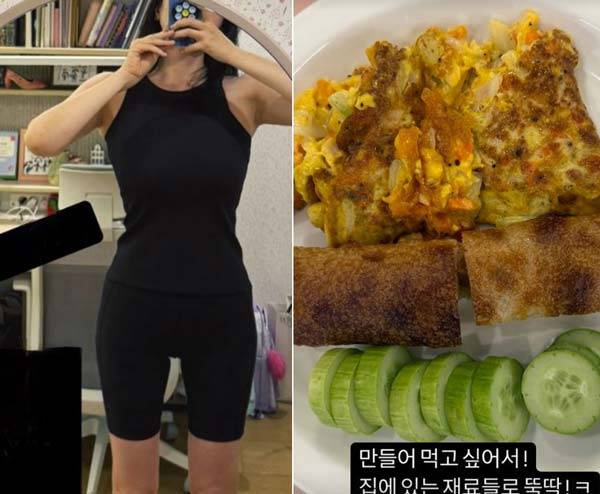 운동 후 장윤주(왼)과 장윤주의 식단(오)./사진=장윤주 인스타그램(운동 후 장윤주(왼)과 장윤주의 식단