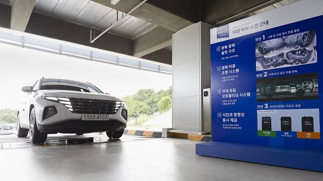 SK렌터카 오토옥션 내 차량이 바닥에 설치된 '하부 스캔 장비'를 통과해 차량의 하체 상태를 정밀 점검하고 있다. 사진=SK렌터카