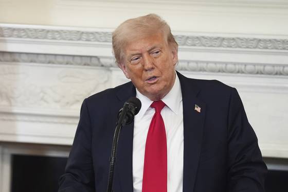 U.S. President Donald Trump speaks during the White House Faith Office luncheon in the State Dining Room in Washington on July 14. [AP/YONHAP]