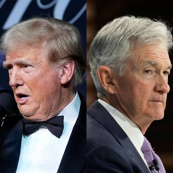 [서울=뉴시스] 도널드 트럼프 미국 대통령이 제롬 파월 연방준비제도(Fed·연준) 의장 해임론에 다시 불을 붙였다. 사진은 파월 의장과 트럼프 당선인 모습. 2025.07.17. *재판매 및 DB 금지