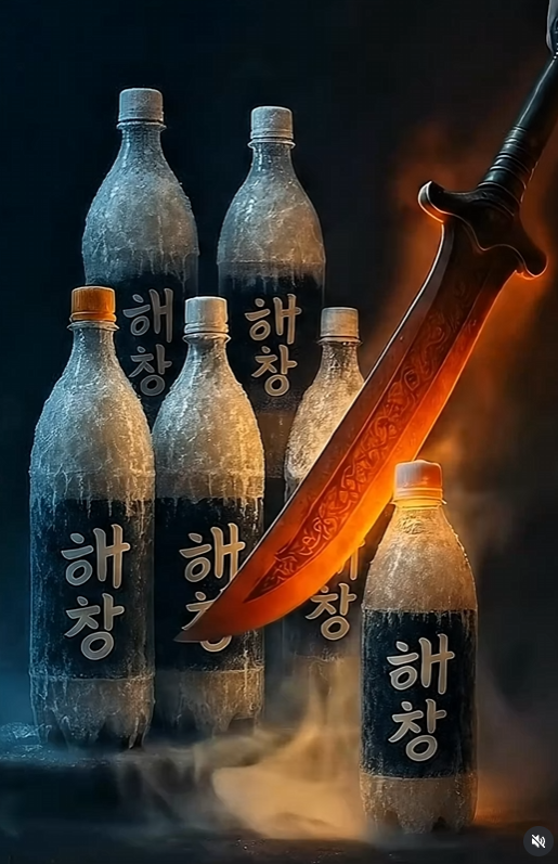 전남 해남에서 유명한 해창막걸리를 얼려서 불에 달군 칼로 써는듯 연출한 AI 영상. 해남군 인스타그램 캡쳐