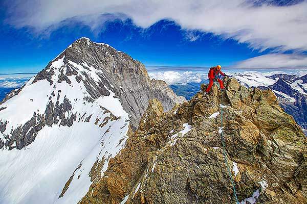 아이거 남릉을 따라 하산 중인 등반팀. 정상에서 오른쪽으로 이어지는 능선이 미텔레기 리지다.