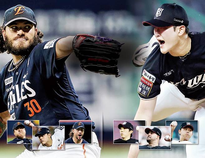 한화 선발 폰세(큰 사진 왼쪽)와 류현진·문동주·와이스(작은 사진 왼쪽부터). KT 선발 배제성(큰 사진 오른쪽)과 소형준·헤이수스·오원석(작은 사진 오른쪽부터). 한화 이글스·KT 위즈 제공