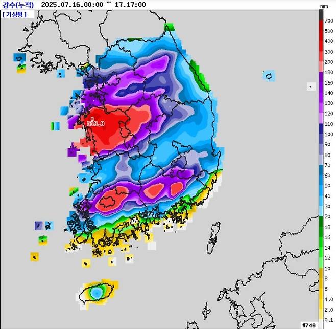 16일부터 17일 오후 5시까지 누적 강수량. [기상청 제공. 재판매 및 DB 금지]