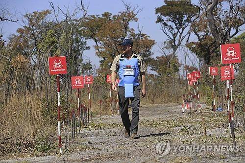 16일(현지시간) 앙골라 지뢰 제거 현장 걷는 영국 해리 왕자 [HALO Trust/AP=연합뉴스 재판매 및 DB 금지]