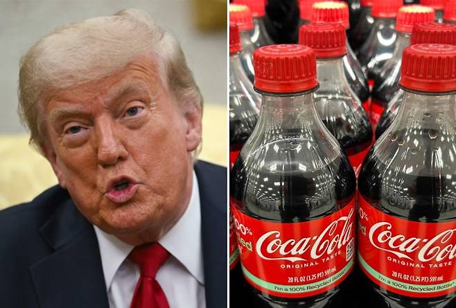 도널드 트럼프 미국 대통령은 16일 코카콜라가 사탕수수에서 추출한 설탕(케인 슈가·cane sugar)을 미국 내 제품에 사용하기로 했다고 밝혔다. /AFP 연합뉴스