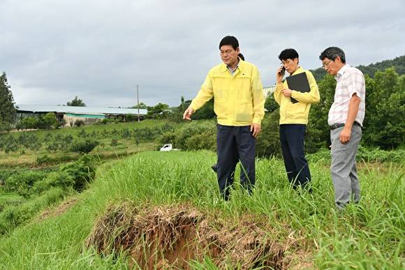 정철원 담양군수(왼쪽1번째)가 담양군 대덕면 금산리 금산저수지 침수 피해 상황을 살펴보고 있다. [사진=담양군 ]