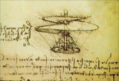 레오나르도 다빈치의 헬리콥터 설계 노트.