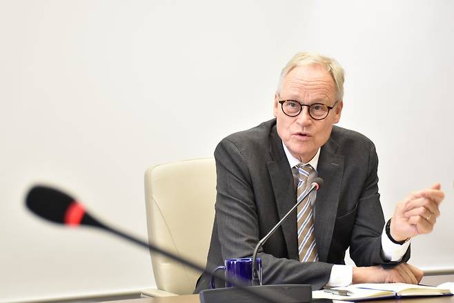 Michael Siebert, managing director of the Eastern Europe and Central Asia division at the EU External Action Service, speaks at a media roundtable at the EU Delegation to Korea headquarters in Jung District, central Seoul, on July 16. [DELEGATION OF THE EUROPEAN UNION TO THE REPUBLIC OF KOREA]