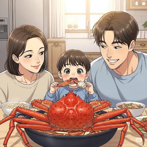 태어나 처음으로 대게를 먹는 어린 아들과, 곁에서 이를 흐뭇하게 지켜보는 젊은 부모의 모습을 구글 Gemini로 그려보았다. 실제 부모는 매우 튼튼하게 생겼다.