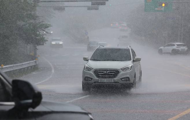 18일 오후 제주시 아라동 산천단 입구에 게릴라성 폭우가 쏟아지고 있다. [사진 = 연합뉴스]
