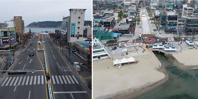 울산 동구 일산해수욕장으로 들어가는 진입로(왼쪽)가 해변 공연장과 어우러진 ‘청년광장’(오른쪽)으로 변모했다. [울산동구청 제공]