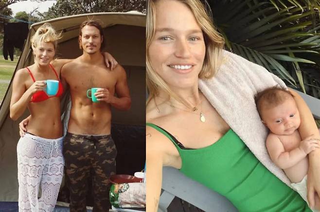 남편이 사망한 뒤 ‘사후 정자 채취(posthumous sperm retrieval, PSR)’라는 시술을 통해 출산한 모델 엘리디 풀린. 숨진 남편(왼쪽 사진 남성) 알렉스 첨피 풀린은 세 차례 동계 올림픽에 출전한 호주 스노보드 선수였다. [영국 일간 더선 보도 갈무리]