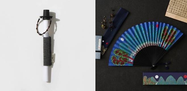 흑립 갓끈 볼펜과 전통 민화 부채(일월오봉도) 국립중앙박물관 제공