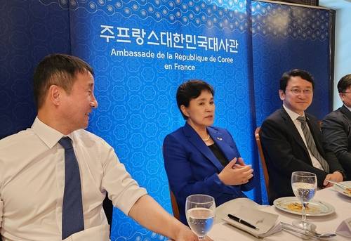 파리 찾은 대통령 특사단 (파리=연합뉴스) 송진원 특파원 = 강금실 전 법무부 장관을 단장으로 하는 대통령 프랑스 특사단이 17일(현지시간) 파리에서 현지 특파원들과 만나 프랑스 관계자들 면담 내용을 설명하고 있다. san@yna.co.kr 2025.07.17.