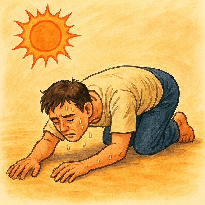 더위에 지친 사람이 엎드려 있는 모습. ChatGPT로 제작.