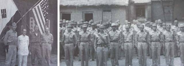 왼쪽 사진은 이범석 장군(왼쪽 두 번째)과 미국 전략사무국(OSS) 장교들이 태극기와 성조기를 배경으로 찍은 모습. 뒤에는 ‘한국광복(군)’으로 시작하는 현판이 보인다. 오른쪽 사진은 한국광복군 소속으로 훈련 중인 군인들이 도열한 모습. 모두 1945년 초에 촬영된 것으로 추정된다. 국사편찬위원회 제공