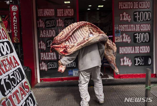 [부에노스아이레스=AP/뉴시스] 아르헨티나 수도 부에노스아이레스에서 도축업자가 정육점에 소고기를 배달하고 있다. 자료사진. 2025.07.18