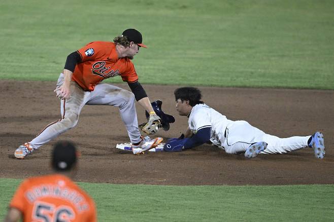 탬파베이 레이스 김하성이 안타를 친 뒤 2루 도루를 성공시키고 있다. 사진=AP PHOTO