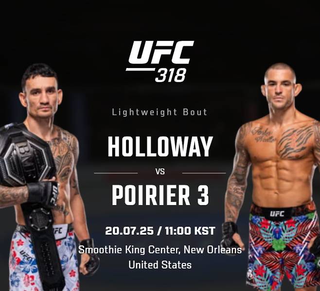 UFC 최고의 상남자 ‘다이아몬드’ 더스틴 포이리에가 자신의 고향 루이지애나에서 마지막 경기를 치른다. 상대는 현 BMF 챔피언 ‘블레스드’ 맥스 할로웨이로, 두 선수는 10년 넘게 이어진 악연의 마침표를 찍기 위해 세 번째로 맞붙는다. 이번 경기는 포이리에의 은퇴전이자 할로웨이의 BMF 타이틀전으로, 승자는 상징적인 벨트와 함께 전설의 반열에 오르게 된다. 포이리에는 통산 30승 9패를 기록한 베테랑으로, 과거 할로웨이에게 두 차례 모두 승리했다. 2012년 할로웨이의 UFC 데뷔전에서 서브미션 승리를 거뒀고, 2019년에는 판정승으로 잠정 챔피언에 올랐다. 할로웨이는 저스틴 게이치를 KO시키고 BMF 챔피언에 오른 기세를 몰아 포이리에에게 복수하고 그의 은퇴 무대를 망치겠다는 각오다. 묵직한 복싱의 포이리에와 무한 체력의 킥복서 할로웨이의 타격전이 예고된 가운데, 도박사들은 할로웨이의 근소한 우위를 예상하고 있다. ©UFC