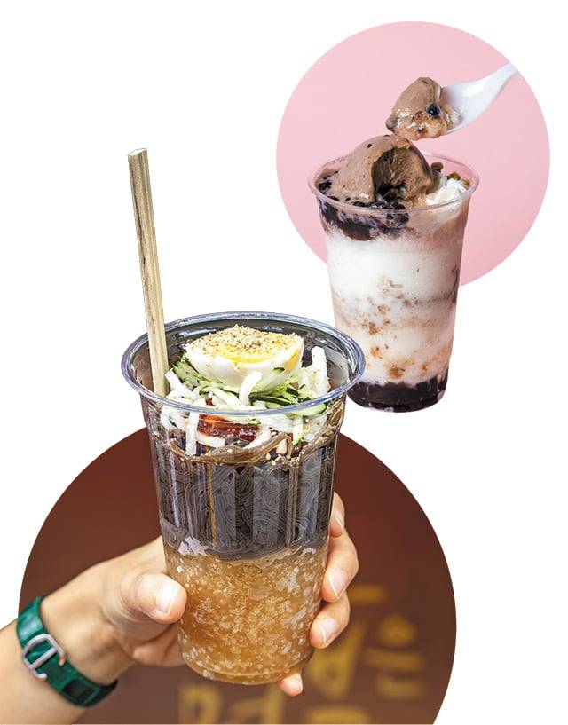 살얼음이 살아 있는 컵냉면(왼쪽)과 ‘4400원의 행복’ 컵빙수. /이건송 영상미디어 기자