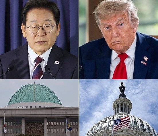 이재명 대통령과 도널드 트럼프 미국 대통령. 아래 사진은 왼쪽은 국회의사당, 오른쪽은 미국 의회. 사진=연합뉴스
