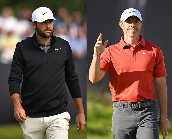 2025년 남자골프 마지막 메이저 대회인 제153회 디오픈 챔피언십 우승 경쟁에 뛰어든 세계랭킹 1위 스코티 셰플러(사진제공=Oisin Keniry/R&A/R&A via Getty Images). 세계랭킹 2위 로리 맥길로이(사진제공=Stuart Franklin/R&A/R&A via Getty Images)가 3라운드에서 경기하는 모습이다.