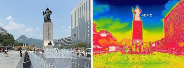 서울 한낮 기온이 37도까지 오른 8일, 서울 광화문광장의 열화상카메라 촬영 사진이 붉은색으로 가득하다. 열화상카메라는 온도가 낮을수록 푸른색, 높을수록 붉은색으로 표시한다. 최주연 기자